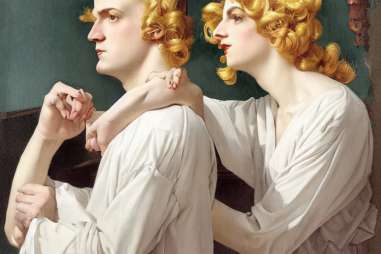 Image similar to Painting of lucius as an indolent consort, long blond drill curls, delicate androgynous prince, pale white porcelain skin, cool tones, by Leyendecker and Norman Rockwell