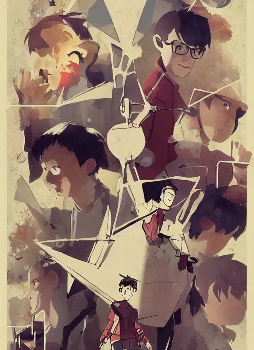 Prompt: poster for a film animation called ( the boy who drew triangles ), 8 k, hd, dustin nguyen, akihiko yoshida, greg tocchini, greg rutkowski, cliff chiang