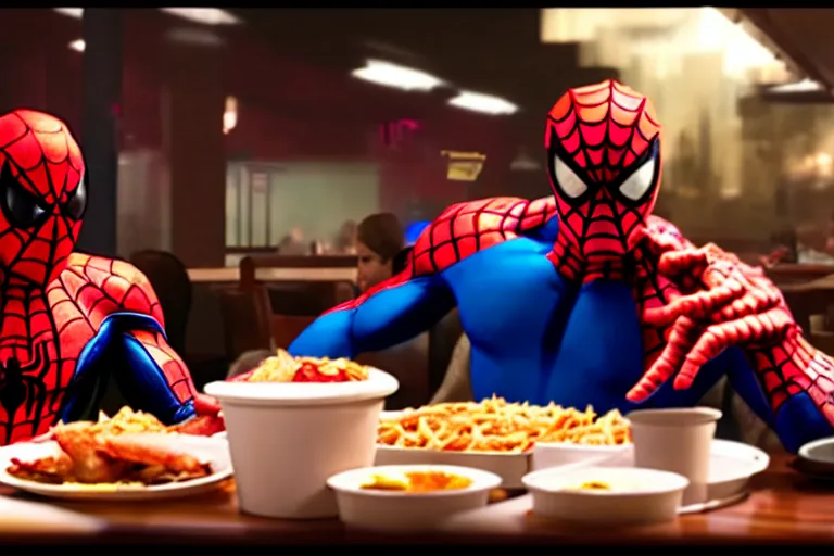 Image similar to cinematic still of spiderman eating greasy food from arby's restaurant