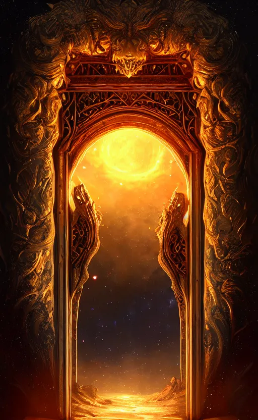 Prompt: a ornamental gate into stars a demon emerges from it, ornament, intarsia, portal, doorway, dynamic lighting, ambient lighting, atmospherical, photorealistic fantasy concept art, trending on art station, stunning visuals, creative, cinematic, ultra detailed