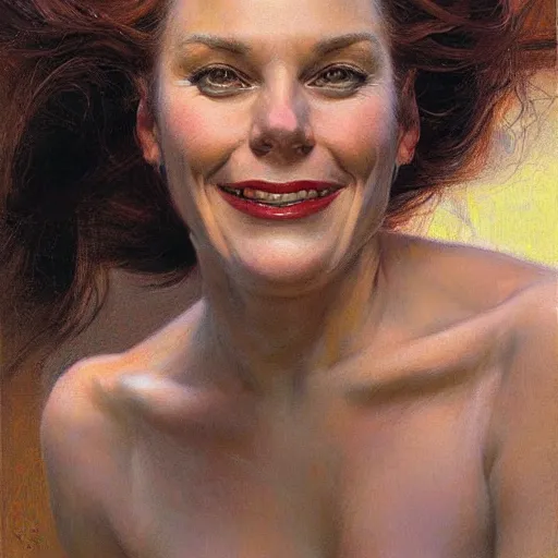 Prompt: frontal portrait of a woman so happy, her face hurts, by donato giancola.