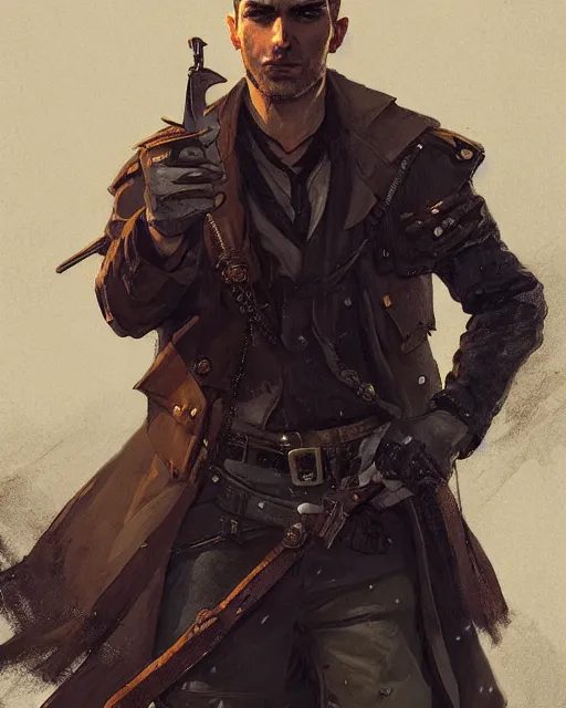 Image similar to ''portrait of a rugged kaz brekker from six of crows, lol, fantasy, d & d, digital painting, artstation, concept art, sharp focus, illustration, art by greg rutkowski and alphonse mucha''