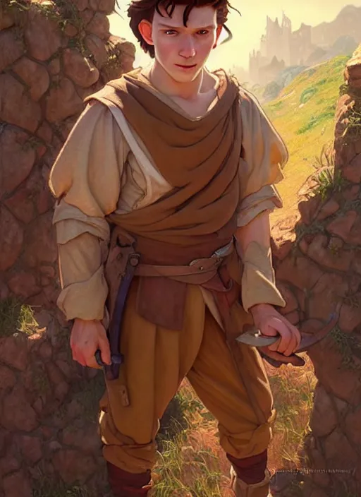 Prompt: cute tom holland medieval peasant, natural lighting, path traced, highly detailed, high quality, digital painting, by don bluth and ross tran and studio ghibli and alphonse mucha, artgerm