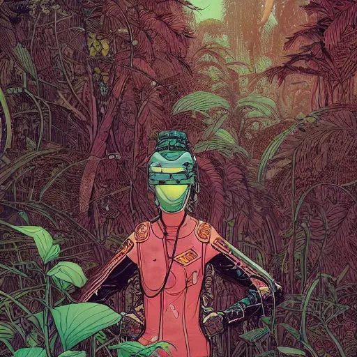 Image similar to stunningly intricate portrait of a single cyberpunk explorer in a lush forest, highly detailed, midnight, by victo ngai and afarin sajedi, moebius, laurie greasley