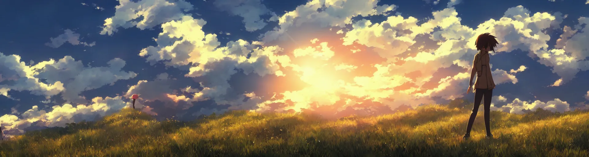 Prompt: game digital wallpaper, anime, Makoto Shinkai , cloud, sky, plant, Original wallpaper, sunset