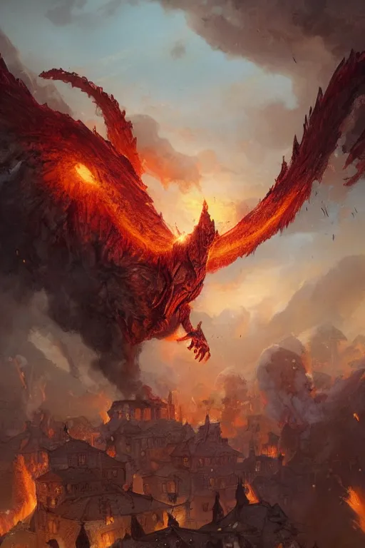 Prompt: a beautiful artwork illustration, a giant fire-breathing monster flying over a medieval village, destruction, by Greg Rutkowski and Jesper Ejsing and Raymond Swanland, featured on artstation, wide angle, vertical orientation