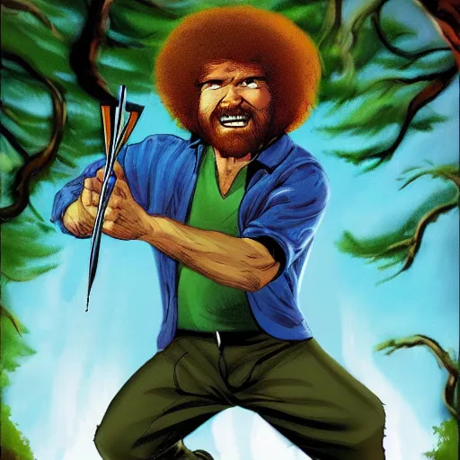 Image similar to Bob Ross as a comic book hero fighting off evil, happy, little trees, 4k, comic book cover