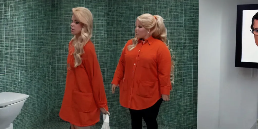 Image similar to ultra wide angle photo of megan kelly dressed in a green flannel shirt and black dress pants as clark kent looking at himself in a bathroom mirror and seeing his reflection dressed as an orange skinned oompa loompa