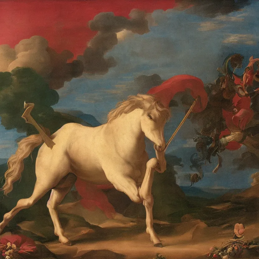 Image similar to A unicorn walking on a rainbow, in the style of Caravaggia