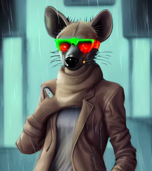 Image similar to digital painting of anthromorphic hyena female smoking cigarrete, fursona, furry fandom, furaffinity, neon rainy cyberpunk setting, anthro, wearing cyberpunk leather jacket, detailed face, blade runner, zootopia style,