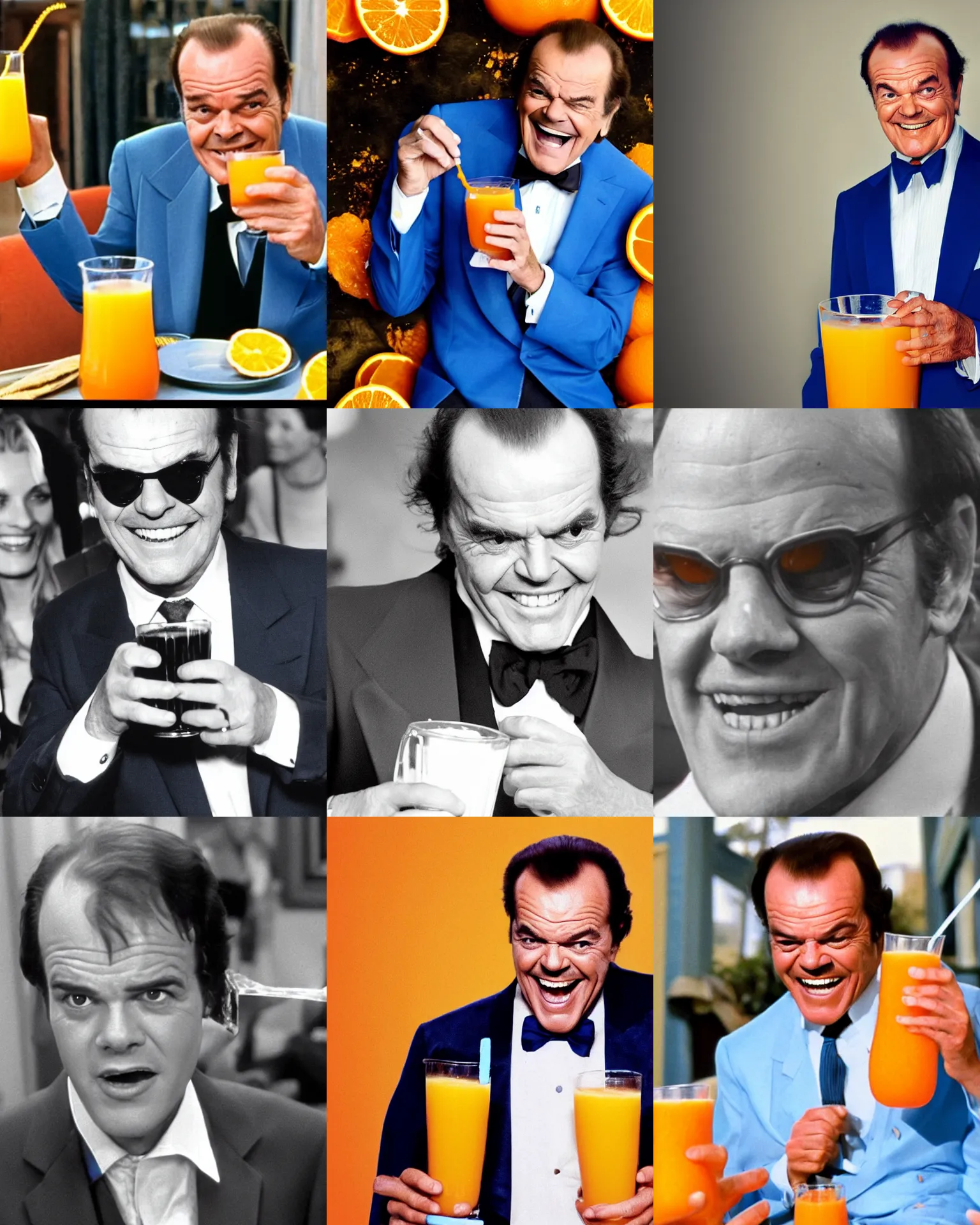 Prompt: young jack nicholson wearing blue tuxedo happily drinking orange juice, spilling juice, wet mouth, 2 0 1 5 viral product advertisement hd, commercial banner, english text