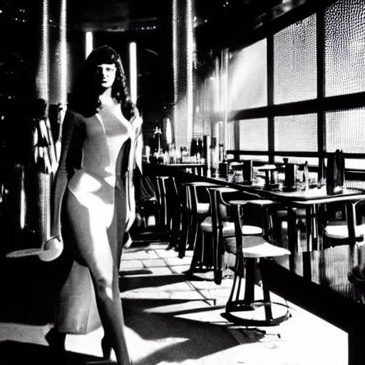 Image similar to 1 9 8 2 film stills of blade runner's rachel with beyonce, getting drinks at a futuristic bar. dark and atmospheric, touches of frank lloyd wright and syd mead,.