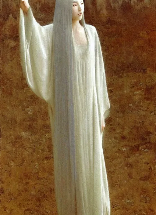 Prompt: thin young beautiful girl with silver hair, pale!, wearing robes, wearing hair, goddess, pale smooth, young cute wan asian face, silver robes!!, oil on canvas by jean delville, 4 k resolution, aesthetic!,