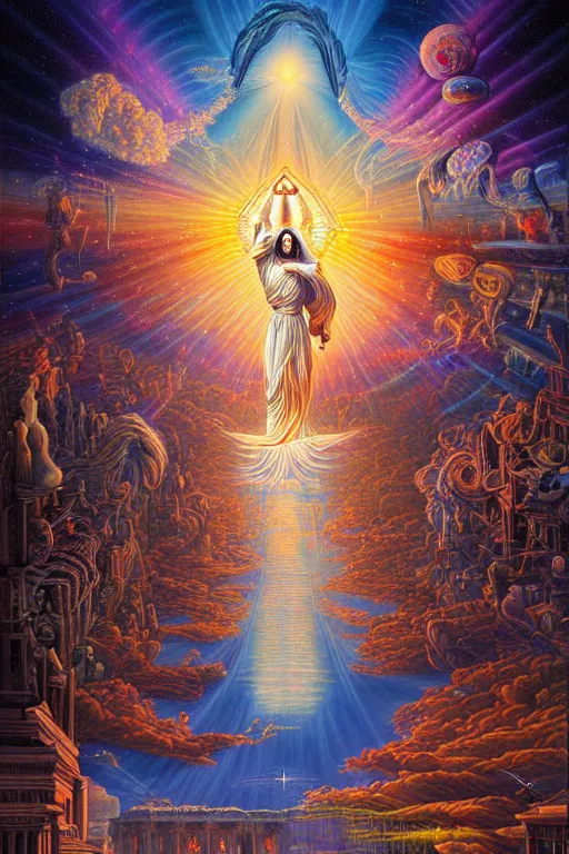 Prompt: a photorealistic detailed painting of spiritual evolution, science, divinity, utopian, triumphant, cinematic, epic, grandiose, moody, mathematics, futuristic, memories of life, by jason felix, dan mumford, kinkade, lisa frank, wpa, public works mural, socialist