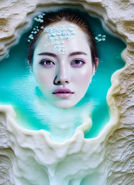 Image similar to Kodak Portra 400, 8K, soft light, volumetric lighting, highly detailed, portrait photo of Rena Nounen by WLOP, the face emerges from a Pamukkale, thermal waters flowing down white travertine terraces with lotus flowers, inspired by Ophelia paint , blue shirt and hair are intricate with highly detailed realistic beautiful flowers , Realistic, Refined, Highly Detailed, ethereal lighting colors scheme, outdoor fine art photography, Hyper realistic, photo realistic, masterpiece