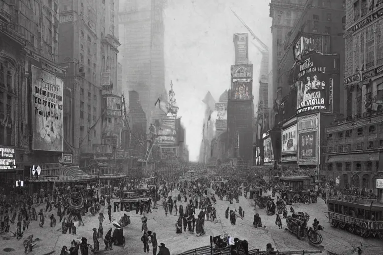 Image similar to 1880s new York city times square, with an open portal to the future new York same street, extremely realistic, 8k, matte painting