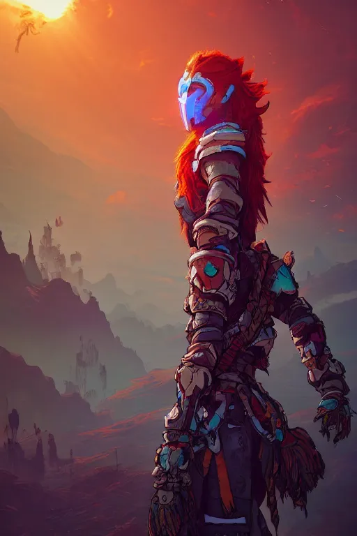 Image similar to combination suit armor aloy horizon forbidden west horizon zero dawn radiating a glowing aura global illumination ray tracing hdr fanart arstation by ian pesty and alena aenami artworks in 4 k tribal robot ninja mask helmet backpack