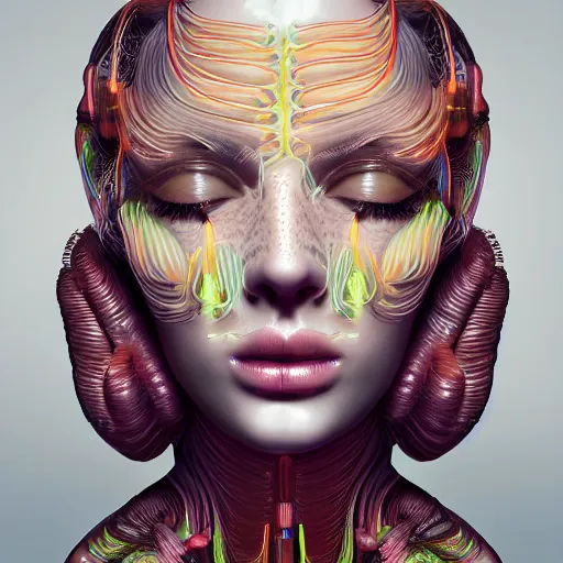 Image similar to very beautiful woman, full face frontal centered, portrait, detailed intricate symmetrical ornate neon cables connected to head, clear lips, luxurious hair, sophisticated abundent wiring and implants, translucent, porcelain, fractal, sci - fi, dramatic lighting, photography, highly detailed, trending on artstation, deviantart, 8 k, by chie yoshii