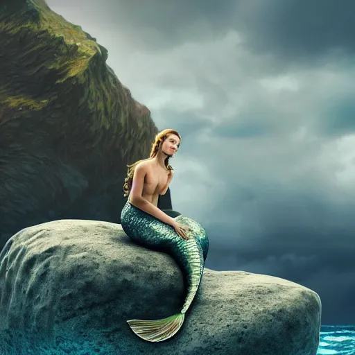 Image similar to Tom Hiddlestone as a beautiful mermaid sitting on a rock in the middle of a stormy ocean, watching the seagulls flying above him, hyperrealistic, hyperdetailed, depth of field, High definition, 8k, octane render, artstation