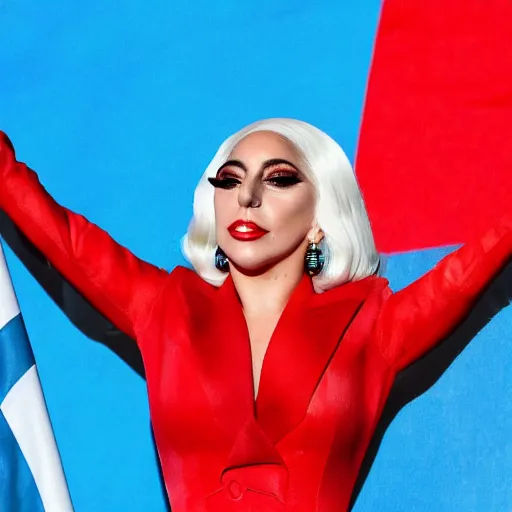 Prompt: Lady Gaga presidente of Argentina, Argentina flag behind, bokeh, detailed, hd, waving hands