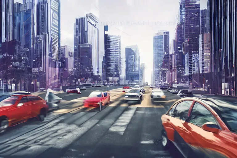 Image similar to street view of a city in 2020, cars and traffic