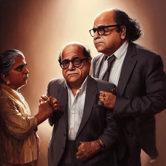 Prompt: danny devito and an indian wearing a suit, elegant, real life skin, intricate artwork, high detailed, artstation, concept art, smooth, sharp focus, art by artgerm and greg rutkowski