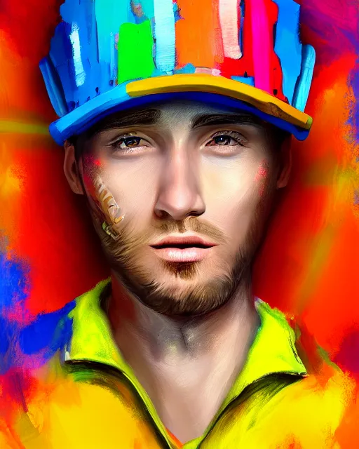 Prompt: colorful painting of a man with a propeller hat and blonde hair, matte painting, trending on art station, ultra - detailed, hq