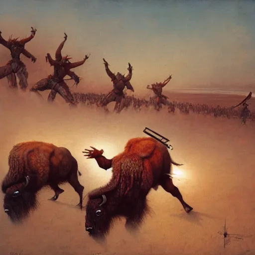 Image similar to Bison playing American football, dark fantasy, Warhammer, artstation painted by Zdzisław Beksiński and Wayne Barlowe