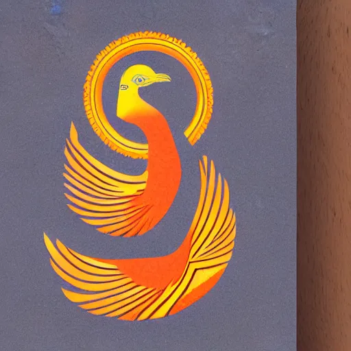 Prompt: phoenix salt bird round composition rebirth orange purple symbolism swirl tail feather graphic design Egyptian style simple design lineart