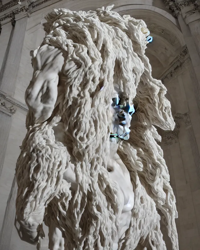 Image similar to Epic view of intricate stained bear-man multiple faces looking backwards using a silver veil statue sculpted on white marble by Antonio Corradini, Bernini and Nicola Samori