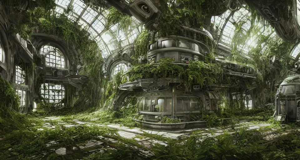 Image similar to inside a spaceship living quarters overgrown with plant life and ivy, artgerm, yoshitaka amano, gothic interior, 8 k, octane render, unreal engine