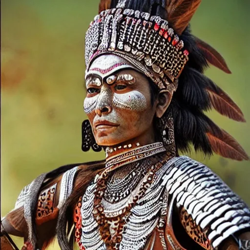 Image similar to an indian warrior woman, wearing intricate armor made of pottery pieces. photorealistic, intricate and detailed.