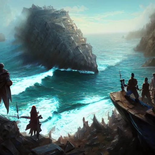 Image similar to D&D adventuring party facing away on cliff overlooking shipwreck, naval background, portrait, magic the gathering artwork, D&D, fantasy, cinematic lighting, centered, symmetrical, highly detailed, digital painting, artstation, concept art, smooth, sharp focus, illustration, volumetric lighting, epic Composition, 8k, art by Akihiko Yoshida and Greg Rutkowski and Craig Mullins, oil painting, cgsociety