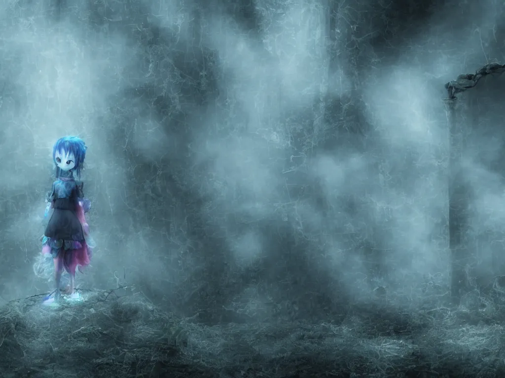 Image similar to cute fumo plush girl ghost lingering in a mysterious concrete organic ruin, technicolor horror, chibi gothic maiden in tattered rags, glowing wisps of hazy green smoke and eerie blue volumetric fog swirling about, lens flare, vray