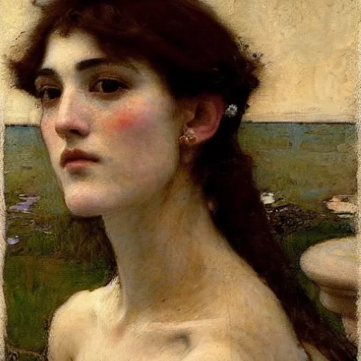 Prompt: portrait of a woman, by edgard maxence, john william waterhouse, mythological figure, divine, heavenly, beautiful, elegant, ethereal