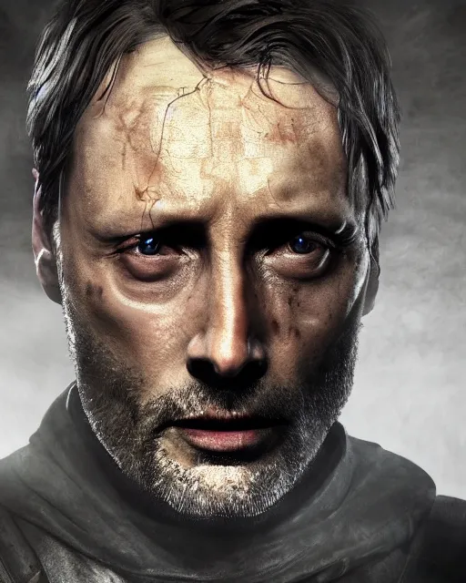 Image similar to mads mikkelson as clifford unger from death stranding, tears of tar, mysterious portrait, cinematic lighting, black background, digital painting photoshop, ultra detailed hdr 8 k