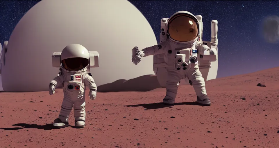 Prompt: cute astronaut standing in front of a spaceship on mars, pixar, 8 k, octane render