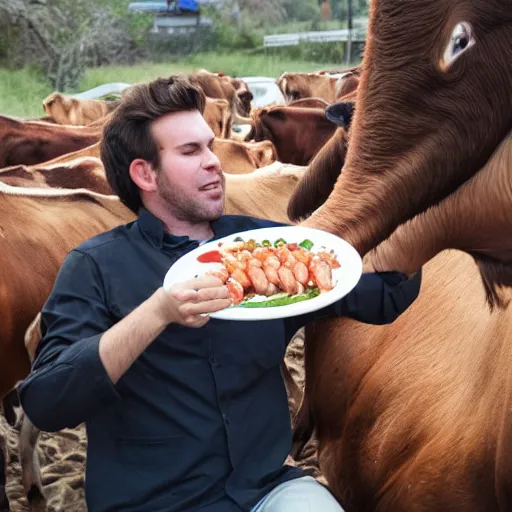 Image similar to an attractive man with brown hair eating shrimp while riding a cow