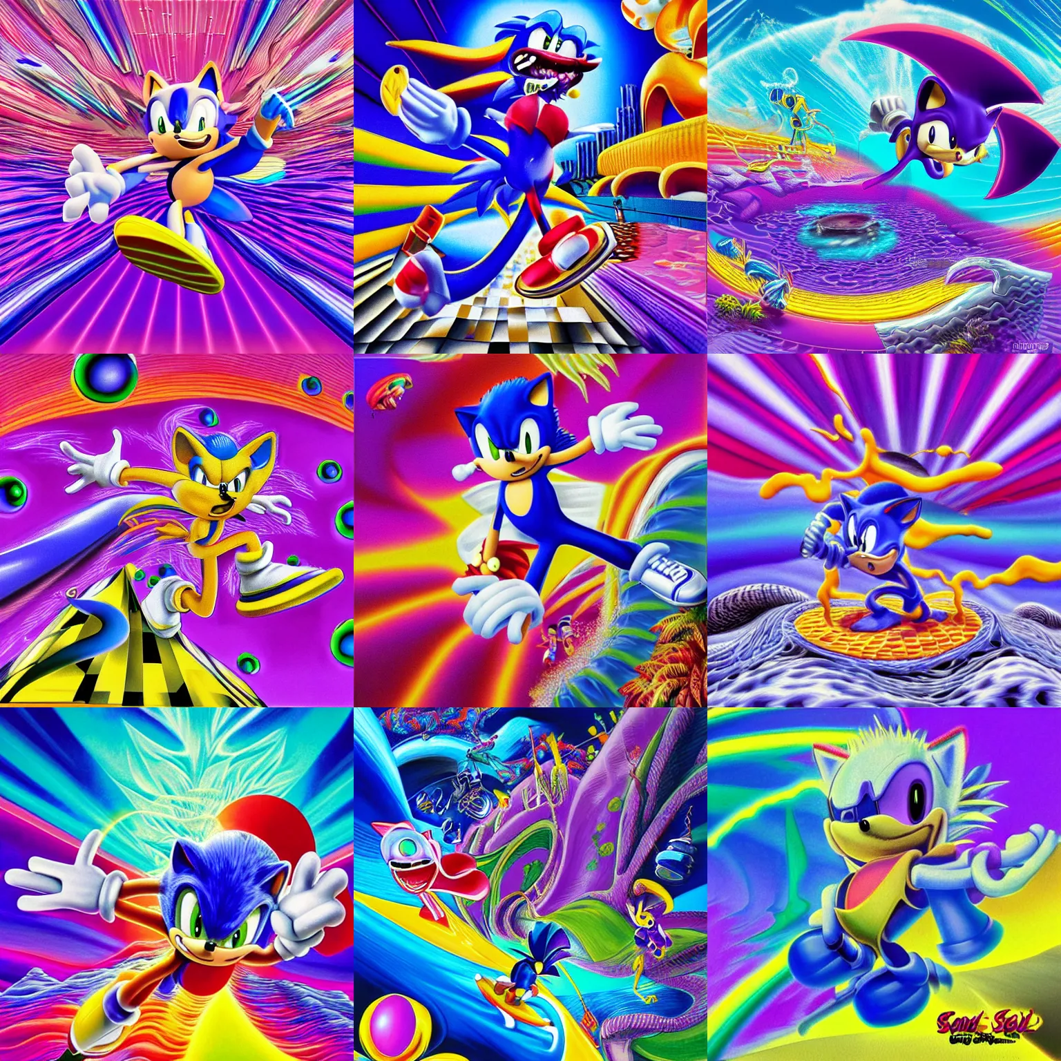 Image similar to surreal, sharp, detailed professional, high quality airbrush art mgmt album cover of a liquid dissolving airbrush art lsd dmt sonic the hedgehog surfing through cyberspace, purple checkerboard background, 1 9 9 0 s 1 9 9 2 sega genesis video game album cover