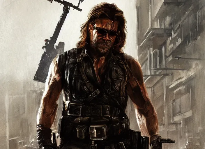 Image similar to concept art oil painting of Snake Pliskin (Escape from New York) by Jama Jurabaev, extremely detailed, brush hard, Atmospheric lighting, artstation