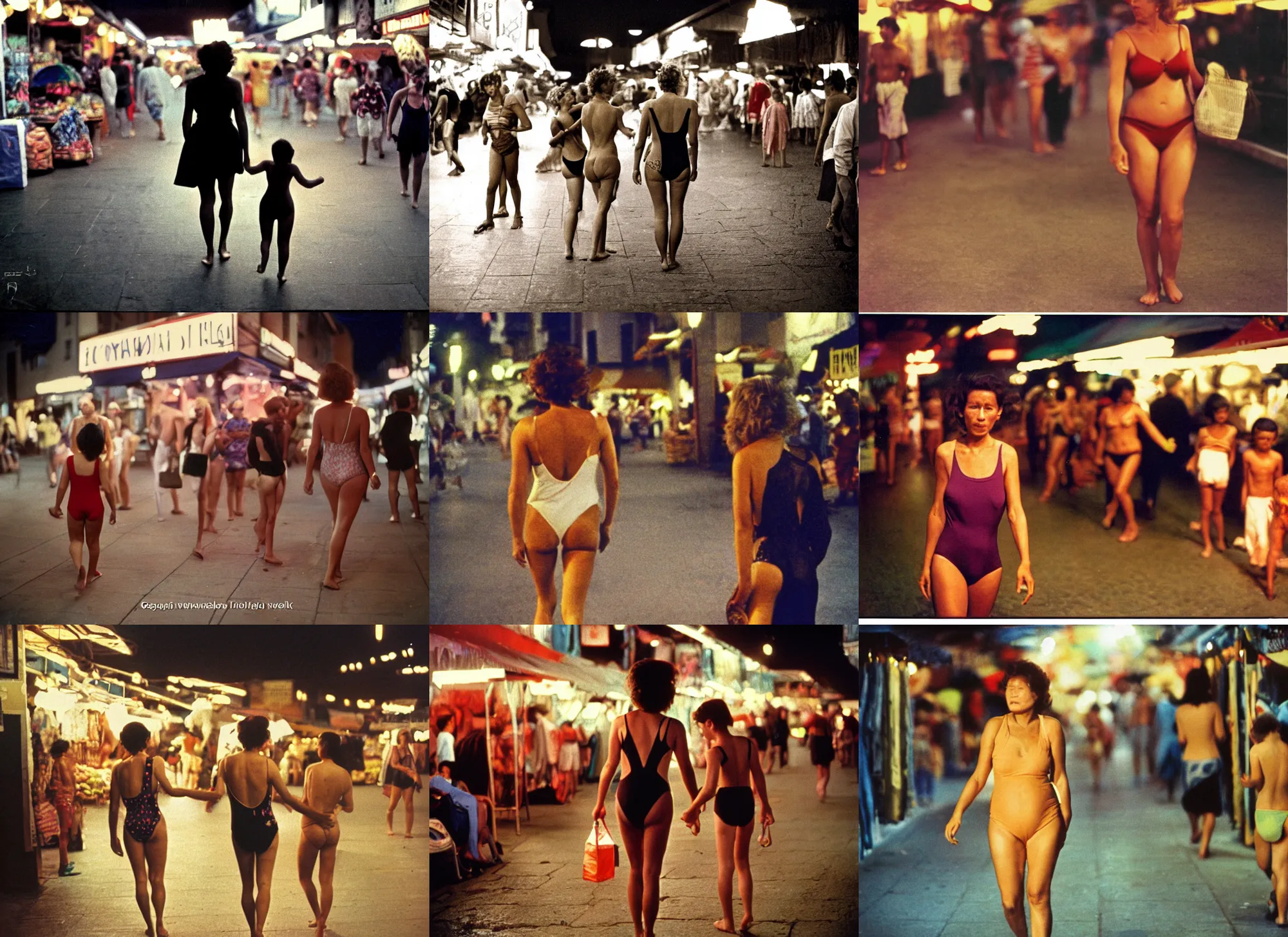 Prompt: color outdoor photograph portrait of a mother in swimsuit walking on the market district, many people, night, summer, dramatic lighting, 1 9 9 0 photo from live magazine.