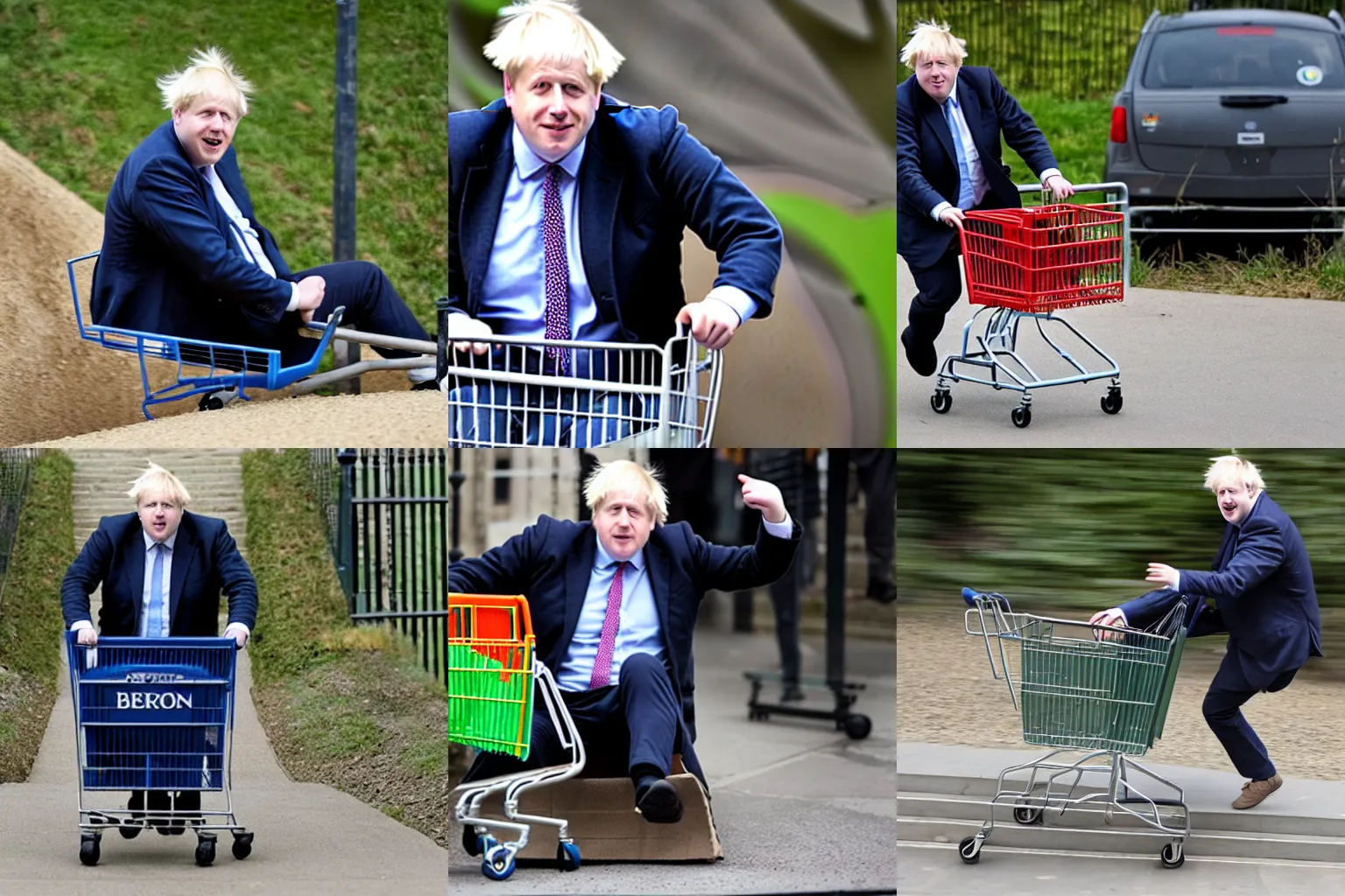 Prompt: Boris Johnson sitting in a shopping cart rolling down a steep dirt ramp