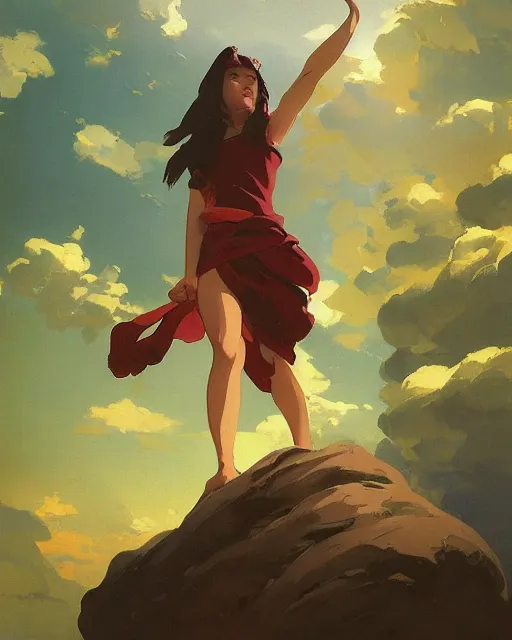 Prompt: a beautiful female anthropomorphic eagle warrior standing heroically on a rock. trees. atmospheric lighting, stunning, brave. Eagle girl. by studio ghibli painting, clouds, wide angle , low-angle shot, by Joaquin Sorolla rhads Leyendecker, by Ohara Koson and Thomas Kinkade, traditional Japanese colors, superior quality, masterpiece,trending on artstation, isometric