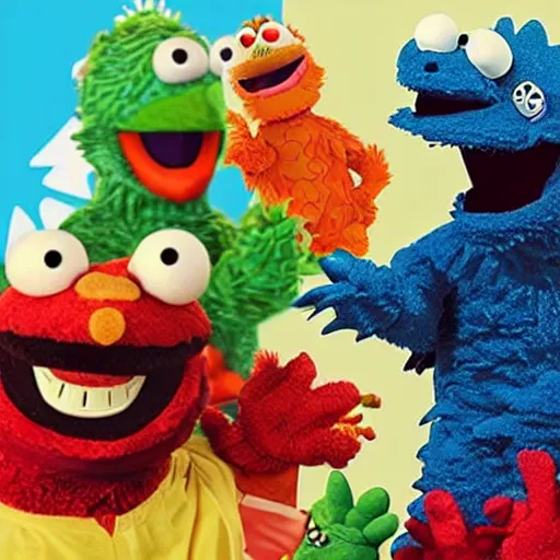 Prompt: godzilla elmo hybrid destroying sesame street