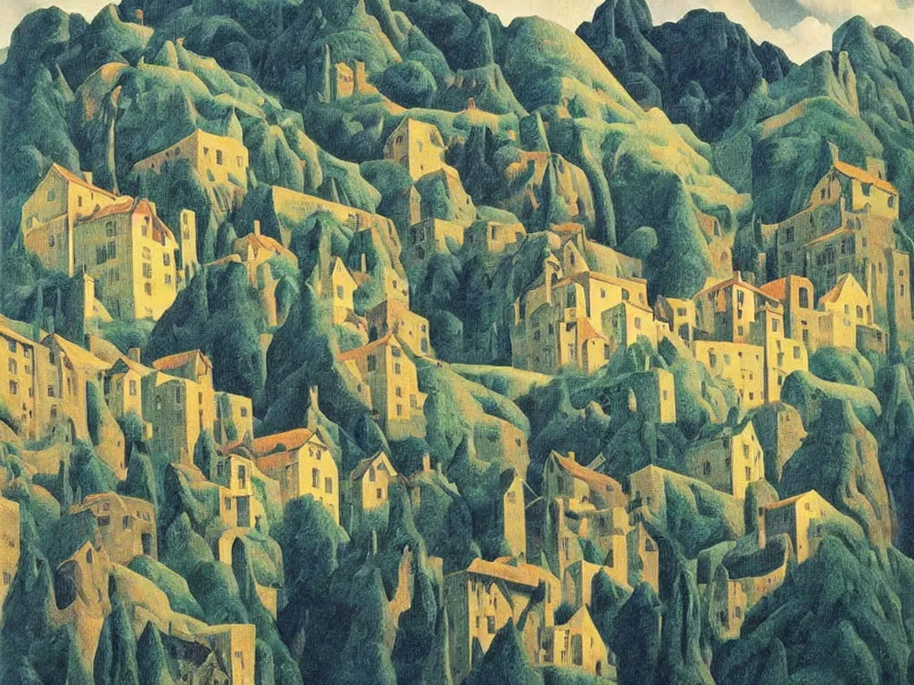 Prompt: A village carved into a mountain painted by René Magritte, surreal painting, highly detailed