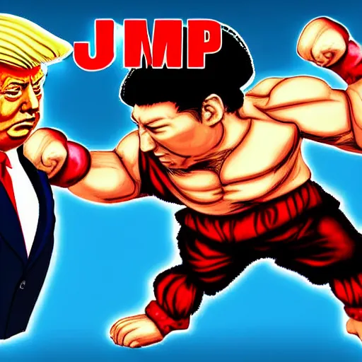 Prompt: xi jinping vs donald trump, street fighters, street fighter, fight, fistfight, digital art, cartoon