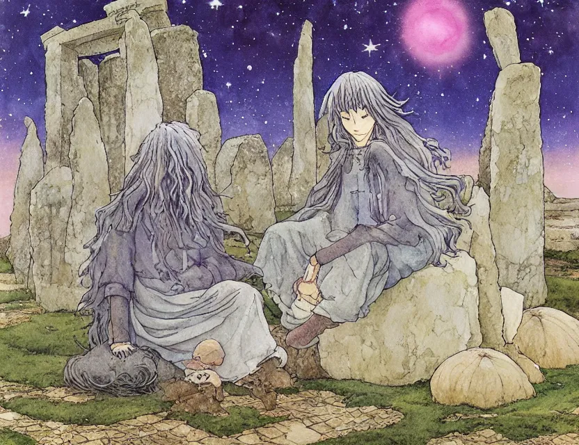 Image similar to a hyperrealist studio ghibli watercolor fantasy concept art of a giant long haired grey witch in lotus position sitting on top of stonehenge with a starry sky in the background. a ufo is in the sky. by rebecca guay, michael kaluta, charles vess