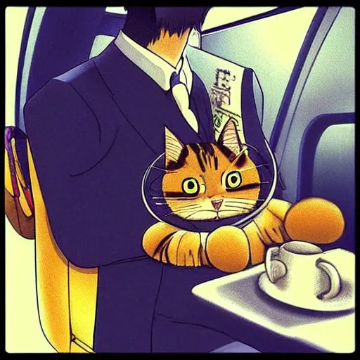 Image similar to “ unhappy cat wearing a suit holding coffee riding the subway, studio ghibli, spirited away, anime, by hayao miyazaki ”