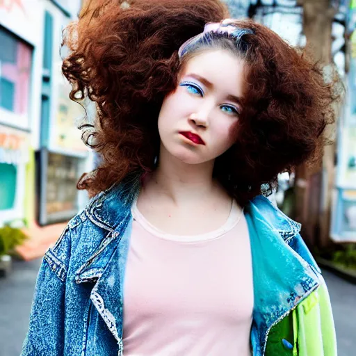 Image similar to a cute young woman with messy curly pastel hair, harajuku fashion, In the style of lya kushinov, Avetetsuya Studios