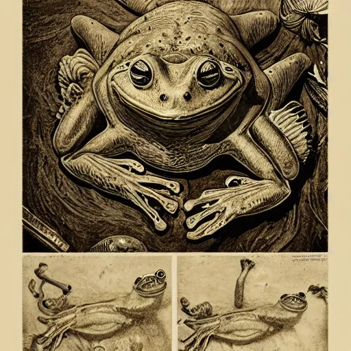 Image similar to full page antique lithograph of Anathomy of godotr, intelligent humanoid frog-like creature, White background, art print, clean brush stroke, realistic highly detailed, 8k post-processing highly detailed, rendered by octane engine, esty